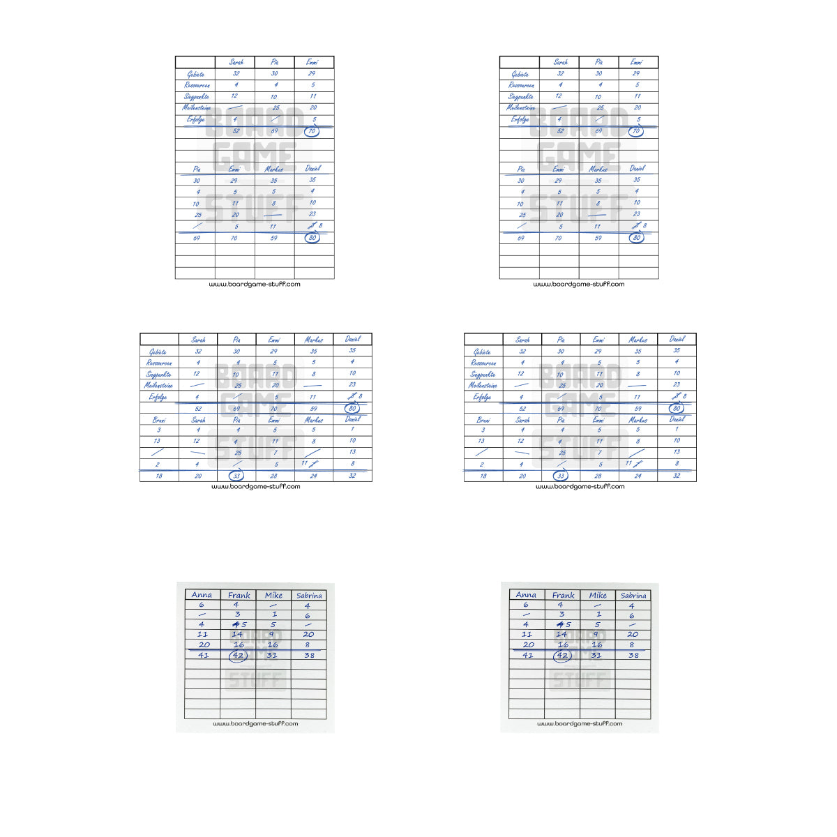 Punkteblock Starter Bundle 6x Blöcke zum beschriften für Brettspiele und Kartenspiele je 50 Blatt 2x Quadratisch 2x Hochformat 2x Querformat